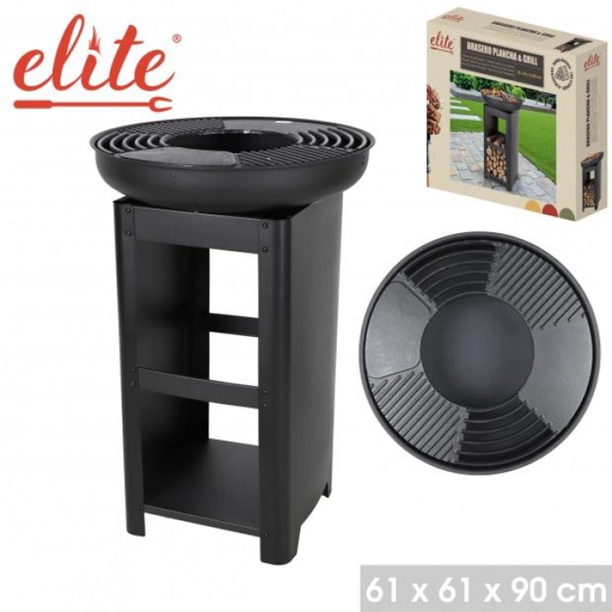 ELITE – Vuurschaal BBQ met plancha ring en houtopslag – Ø61 x H90 cm – Houtskool & hout barbecue – Buitenkeuken — afbeelding 1