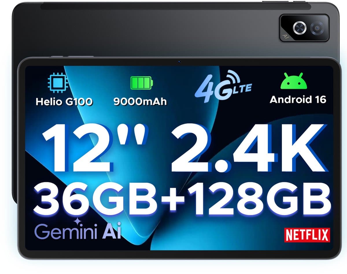 DOOGEE Tab G6 Pro – 12 inch tablet – 9000 mAh/18 W – 36 GB RAM + 128 GB ROM – Android 16 – Gemini AI – 2,4K 90 Hz IPS – Helio G100-chipset – 4G LTE – wifi – dubbele luidsprekers – Face ID — afbeelding 1