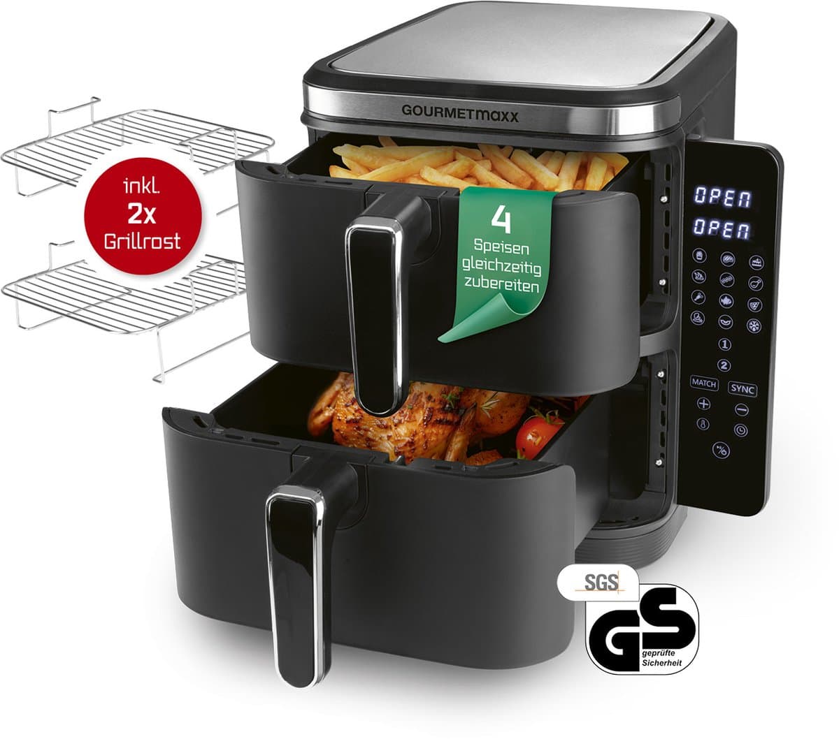GOURMETmaxx FryUp verticale dubbelkamer heteluchtfriteuse 10L met klapbaar touchscreen – 4 gerechten op 4 niveaus – 32% ruimtebesparing — afbeelding 1