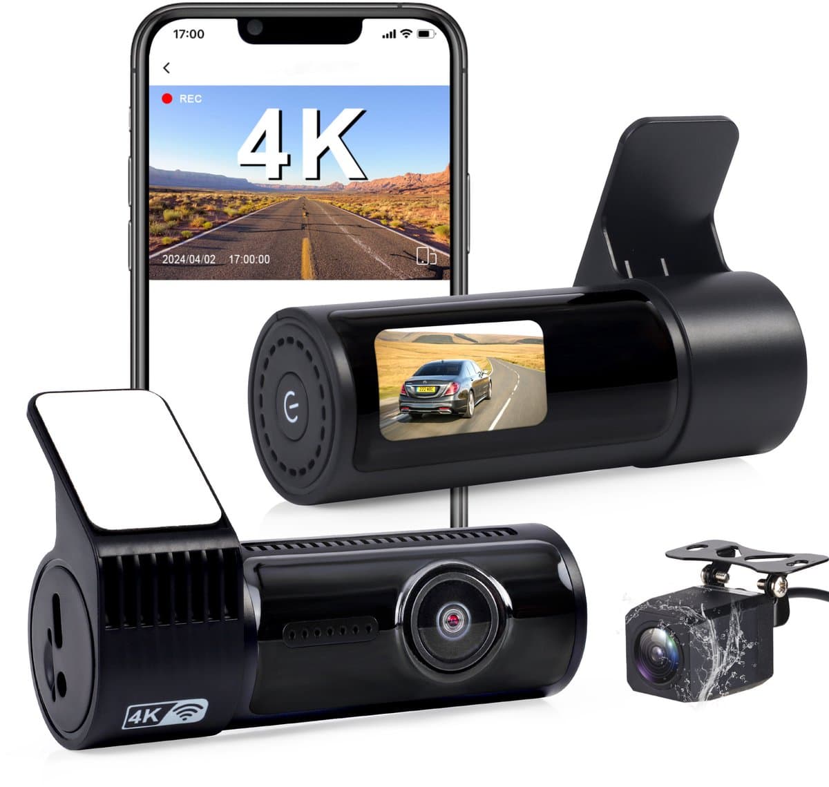 Dashcam voor en achter, 4K met wifi-autocamera loopopname, G-sensor, app-bediening, super nachtzicht, 170 graden + 140 graden groothoek, veiligere supercondensator — afbeelding 1