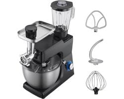 Elektrische Keukenmixer, 7,8 L Keukenmixer met 1500 W Motor, 6+P Snelheden, Kantelbaar Kopontwerp, Inclusief 1,5 L Blenderbeker, Roestvrijstalen Kom, Deeghaak, Garde en Klopper voor Bakken en Mixen, Zwart