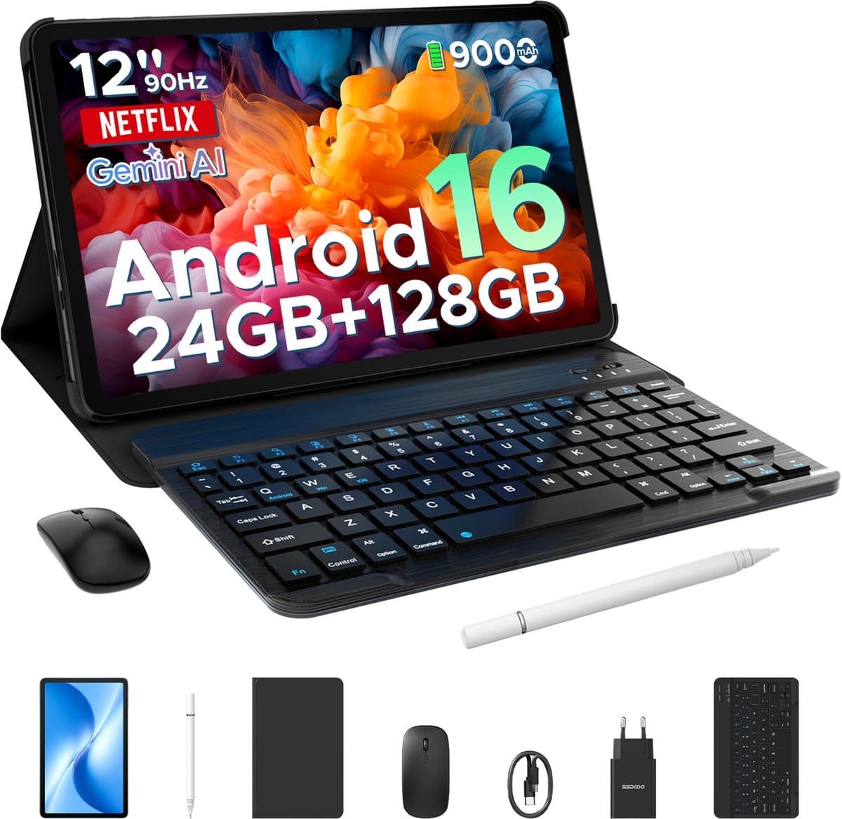 DOOGEE U12 VIP - Tablet - Tablets - 24 GB RAM + 128 GB ROM (2 TB) - Android 16 - Tablet met toetsenbord - 12 inch + 90Hz - 9000 mAh/18W - Gemini AI - UNISOC T7255 - 7,8 mm ultradun - inclusief muis - Stylus - Beschermhoes - Schermbeschermer — afbeelding 1