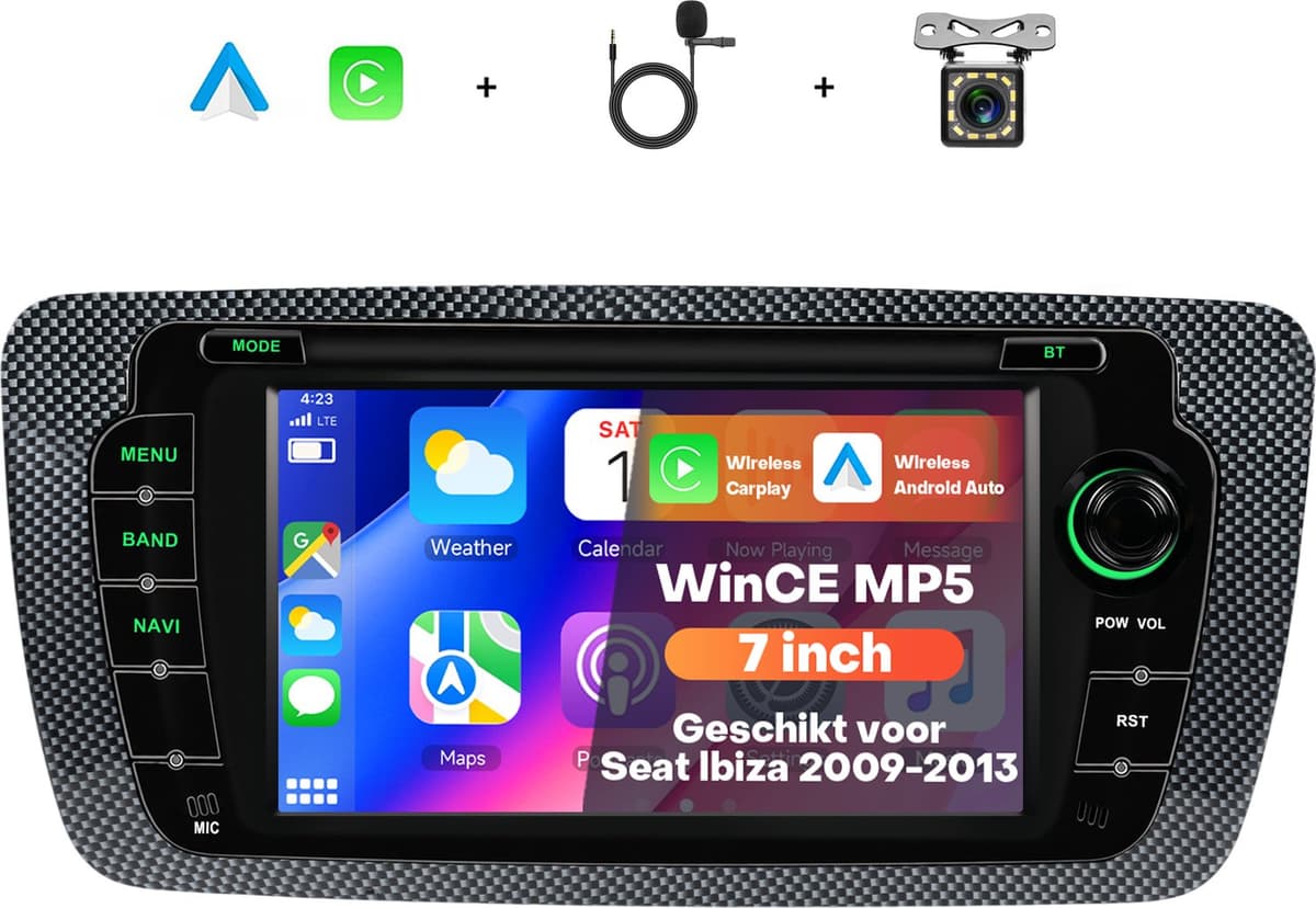 Boscer Autoradio met 7 Inch Scherm - Geschikt voor Seat Ibiza 6J 2009-2013 - Past in de Originele Dashuitsparing - Draadloos Apple CarPlay & Android Auto - Bluetooth Handsfree Bellen - FM Radio (RDS) - Achteruitrijcamera & Microfoon — afbeelding 1