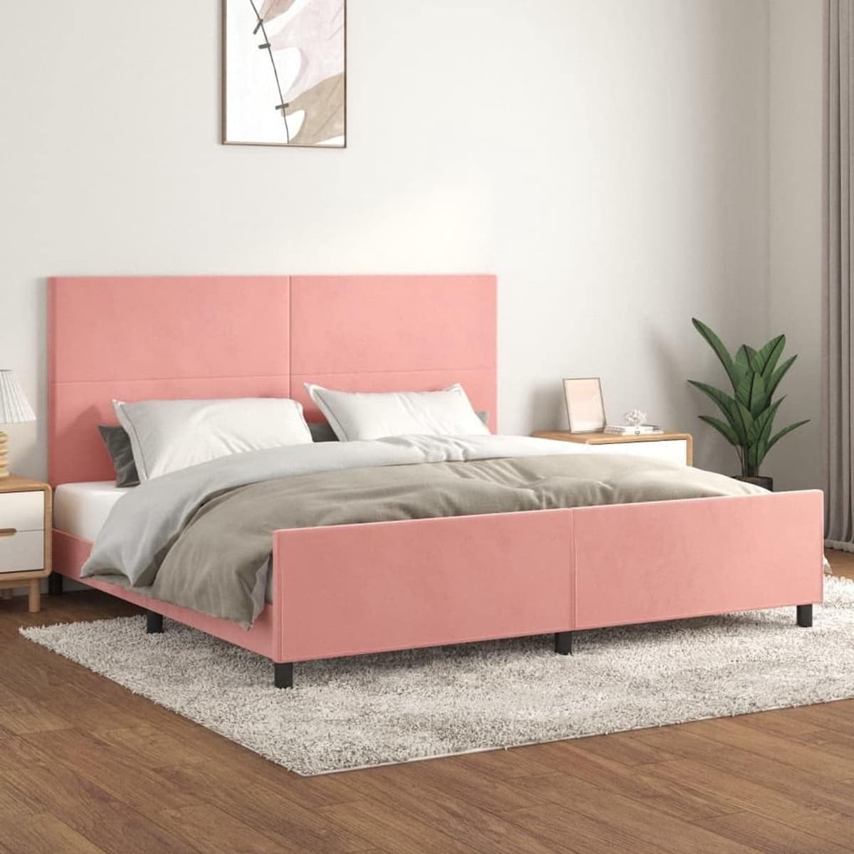 Bedframe met hoofdeinde, roze, 200 x 200 cm, fluwelen familiebed, hotelbed, bedframe voor slaapkamer, hotel, logeerkamer — afbeelding 1