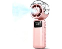 Handventilator met nevel - 65,5 × 54 × 175 mm - Draagbaar - 3600 mAh - Oplaadbaar - 5 windsnelheden - Opvouwbaar - Ideaal voor buitenactiviteiten, reizen, strand, kamperen, golfen - Roze