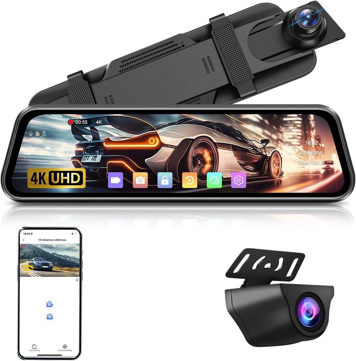 Dashcam voor auto - Zwart - 10 inch - IPS Touchscreen Spiegel met 64GB SD-kaart en Achteruitrijcamera - Met Nachtzicht en Parkeerhulp — afbeelding 1