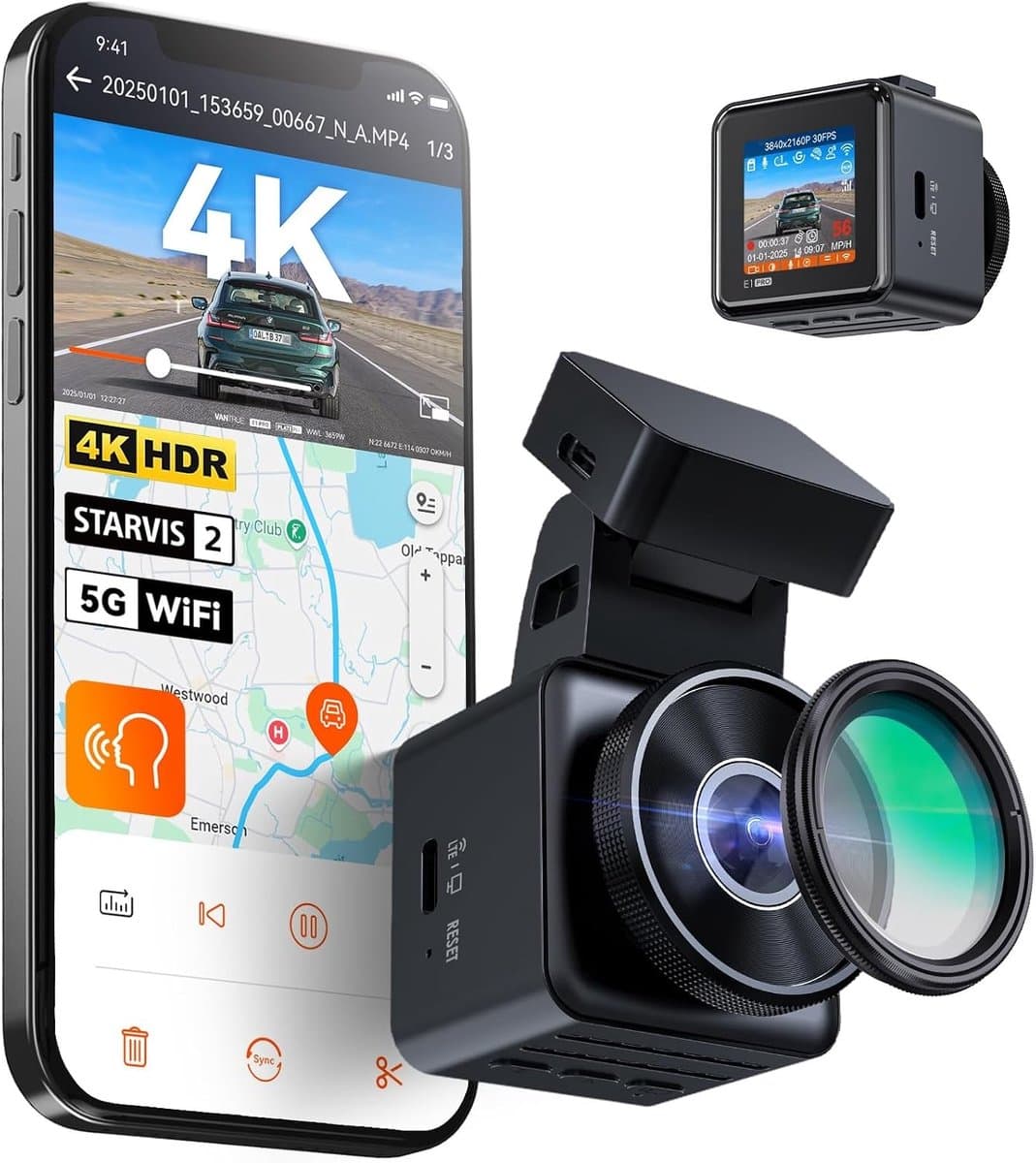 Dashcam voor auto - Zwart - Compact 4K 158° Lens - Met Nachtzicht en Spraakbesturing - Met Parkeermonitoring en GPS — afbeelding 1