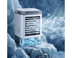 Draagbare airconditioner 2026 – Mini-luchtkoeler en luchtbevochtiger met 4 snelheden, ijsblokjesbakje, 900 ml tank, 2 nevelstanden en LED-verlichting – Mobiele ventilator voor kantoor en kamperen