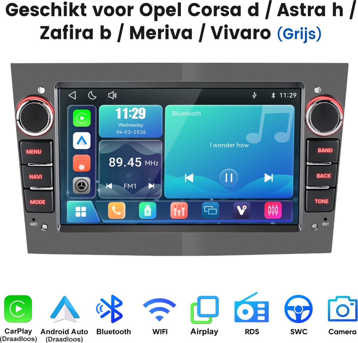 Junsun linux Autoradio Met Bluetooth Geschikt voor Opel Astra H Corsa C/D Vectra C Zafira - Draadloze CarPlay & Andriod Auto - GPS Multimedia - 7 inch Touchscreen - Stuurwielbediening - WiFi - RDS - grijs — afbeelding 1