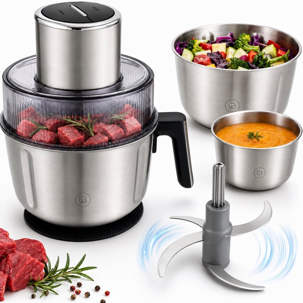 Elektrische Hakmolen 350W – Foodprocessor met 3 RVS Kommen – 2 Snelheden – 2,5L – Voor Vlees & Groenten — afbeelding 1