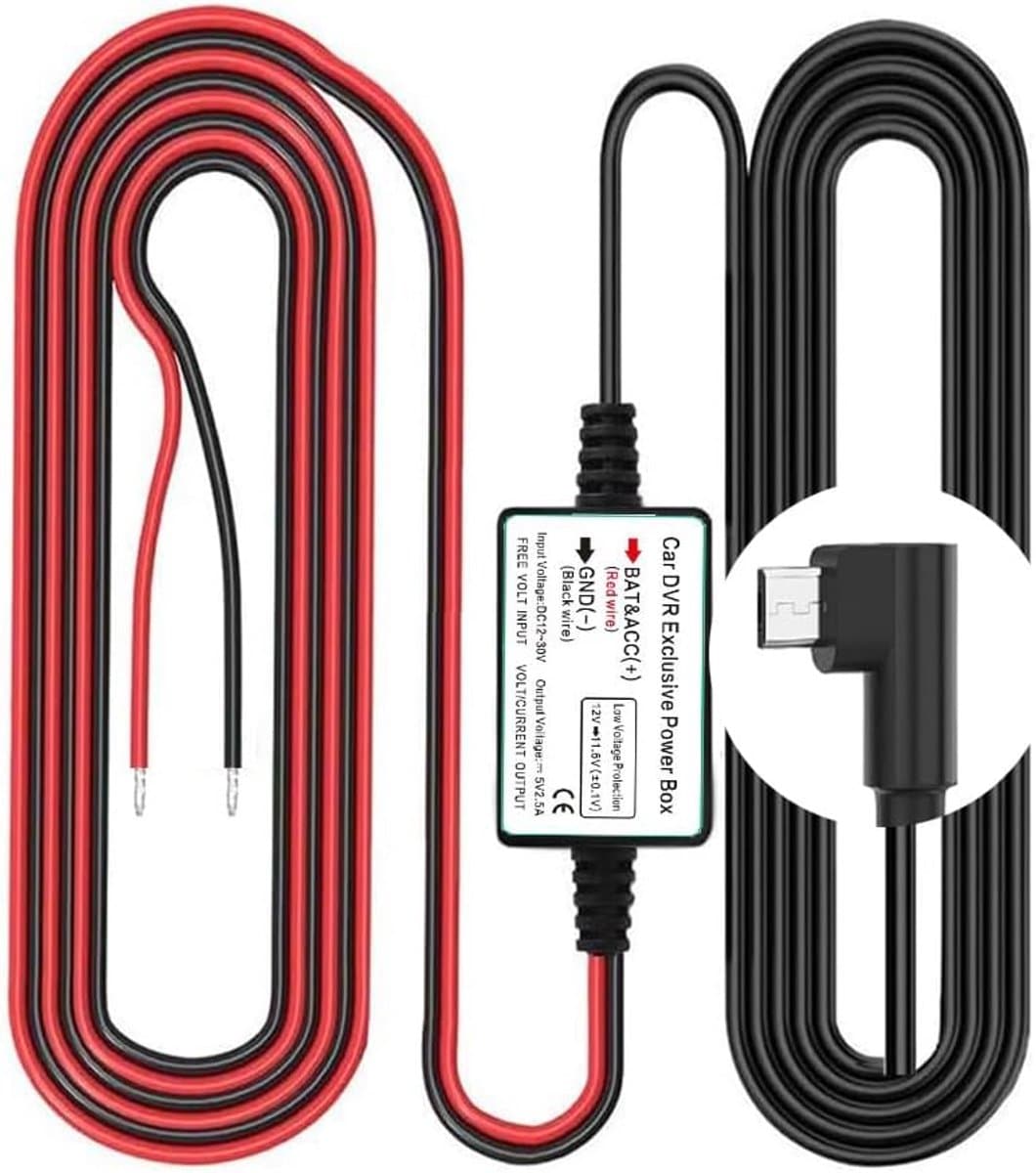 Dash Cam Hardwire Kit, Micro USB L-connectorpoort, Laagspanningsbeveiliging voor Dash Cam-camera's, DC 12V - 24V naar 5V/2.5A Max Autoladerkabelset met zekering — afbeelding 1
