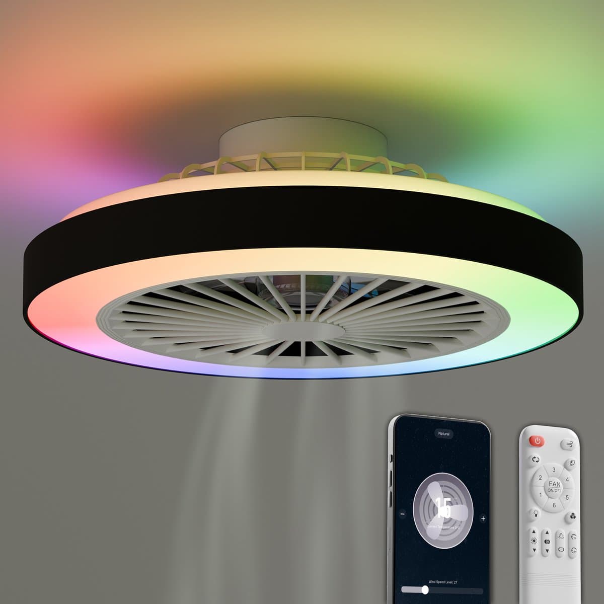 Avacy Plafondventilator met Verlichting - Plafondlamp Ventilator - Plafonniere - LED RGBW - Tuya Wifi Smart - Afstandsbediening - ⌀ 50cm - Zwart — afbeelding 1