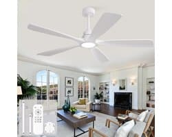 60 inch Witte Plafondventilator - Draadloze Afstandsbediening - 3 Kleurtemperaturen (CCT) - Dimbaar - 6 Snelheden met Geheugenfunctie - 5 Massief Houten Bladen met Versterkte Constructie