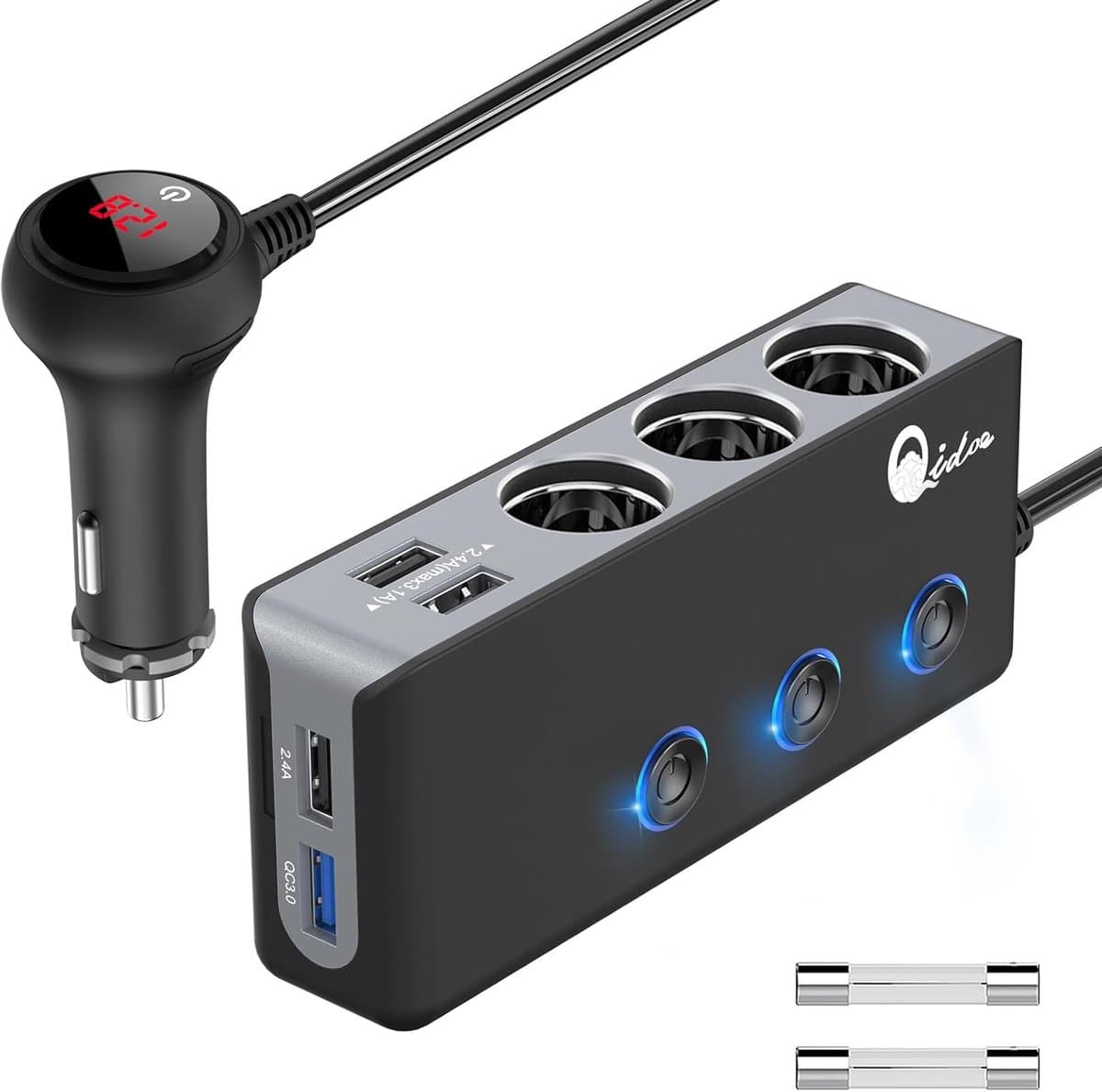 Thijox - Verbeterde QC 3.0 Auto Sigarettenaansteker met 120W DC, 3 Contactdozen en 4 USB Poorten voor Snel Opladen van iPhone, Android, GPS, Dashcam e — afbeelding 1