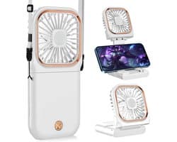 LISM-Draagbare nekventilator, mini stille handventilator, opvouwbaar, USB-oplaadbaar, met telefoonhouder en ventilator, Geschikt voor thuis, op kantoor, buitenreizen, handsfree nekventilator.