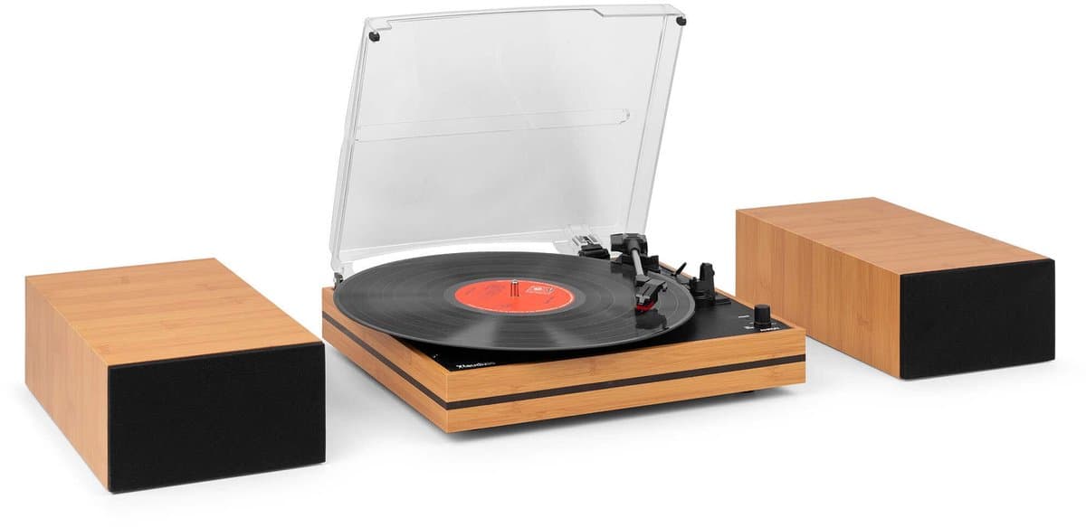 Platenspeler met speakers - Audizio Akron - LP speler - Bluetooth - AUX - 3 snelheden - Bamboe — afbeelding 1