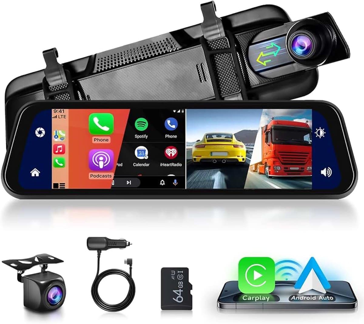 Spiegel Dashcam Carplay Draadloze Android Auto Bluetooth 24,5 cm (9,66 inch) IPS Touchscreen Voorcamera Achteruitrijcamera Waterdicht Nachtzicht WDR Auto Achteruitkijkspiegel Parkeermonitor — afbeelding 1