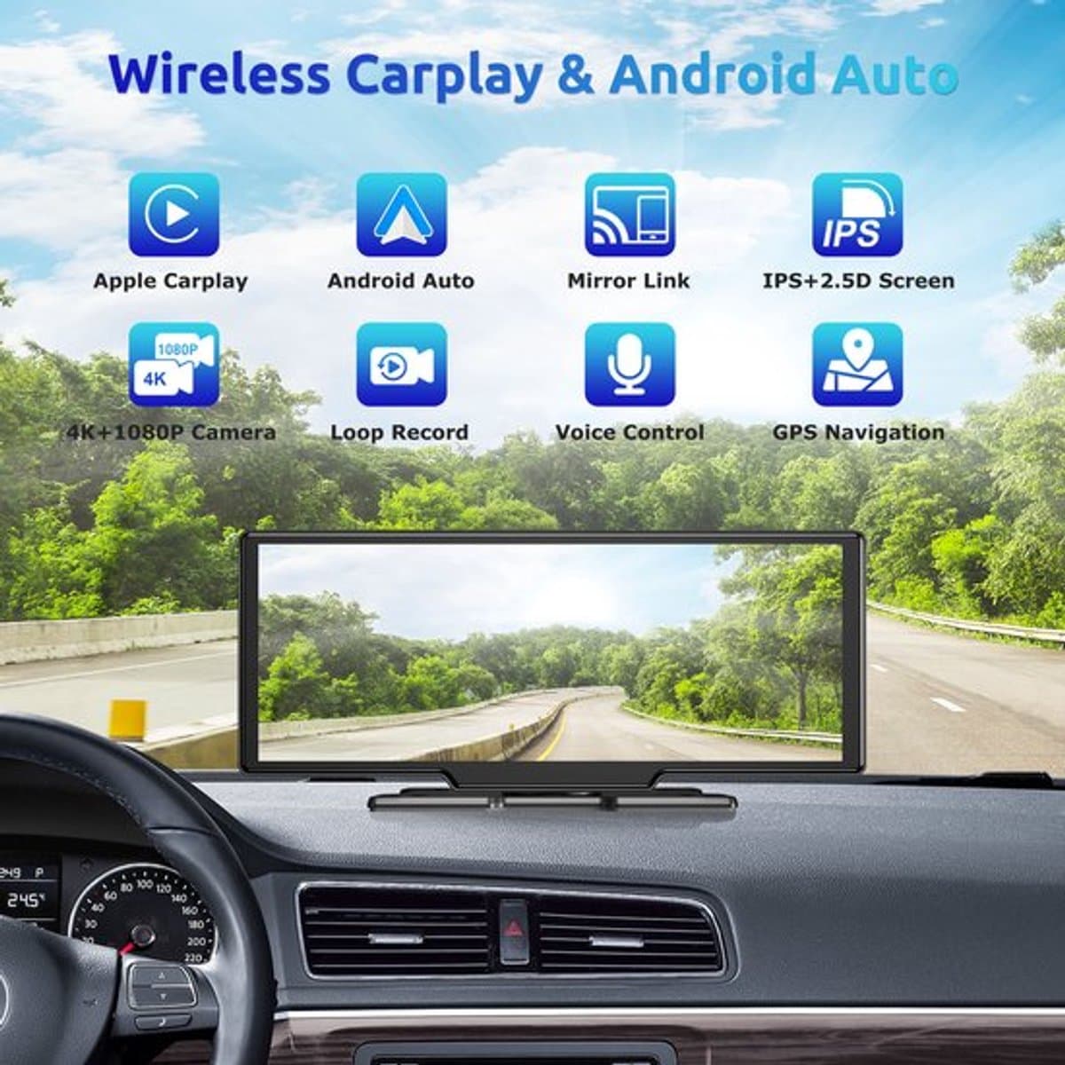 Dashcam - 10.26 Inch Touchscreen - 4K Video - Draadloze Carplay - Android Auto - GPS Navigatie — afbeelding 1