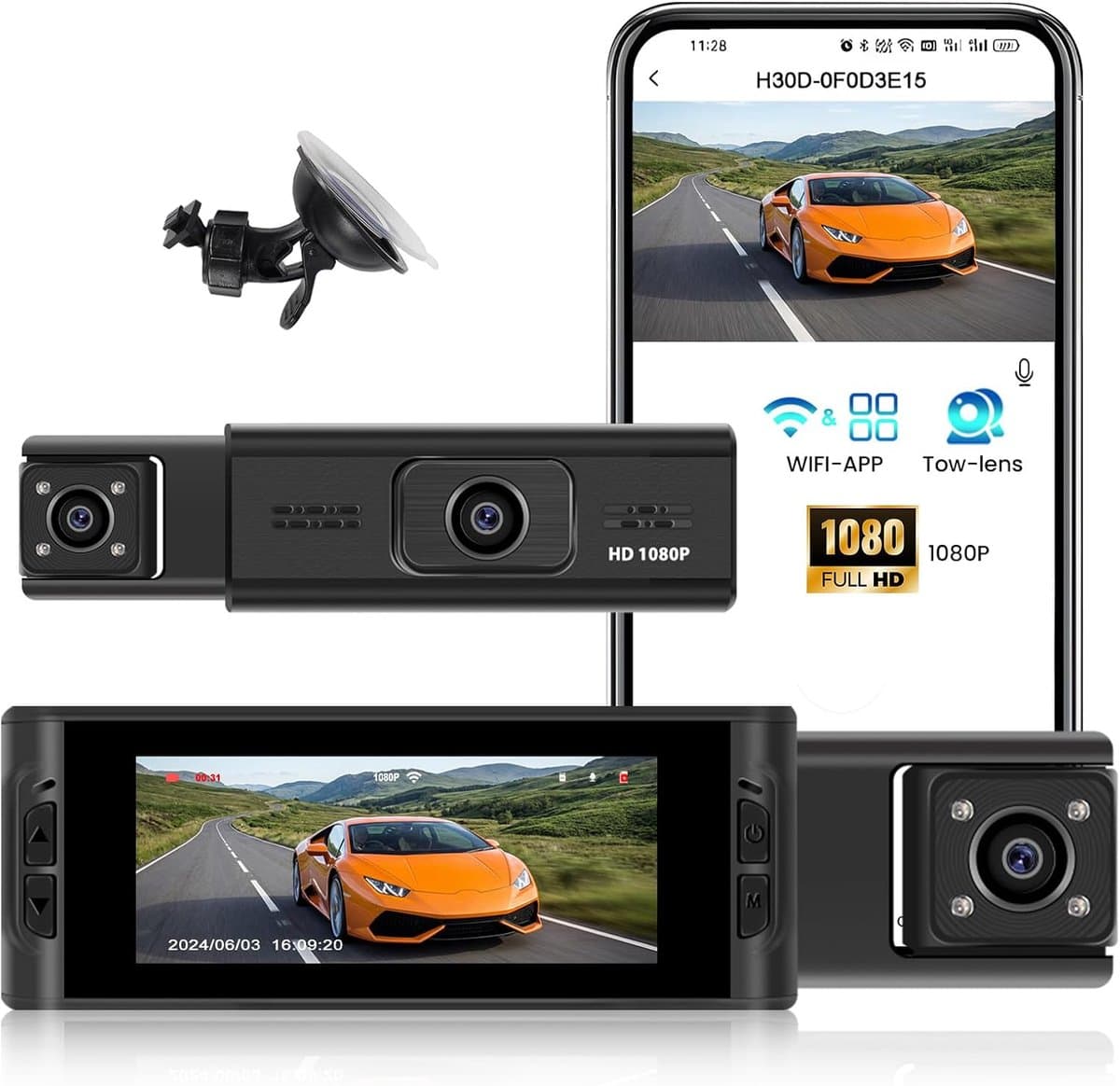 Dubbele Dashcam - Autocamera - Verkeersregistratie - Bewegingsdetectie - 316 inch scherm - Zwart — afbeelding 1