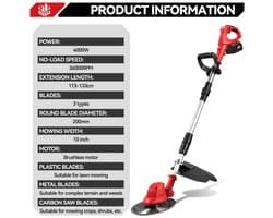 Cventrix Borstelloze elektrische grasmaaier, Grasmaaier, Electrische grasmaaier, 10 inch, Grastrimmer, 4000W, Inclusief Accu en oplader.