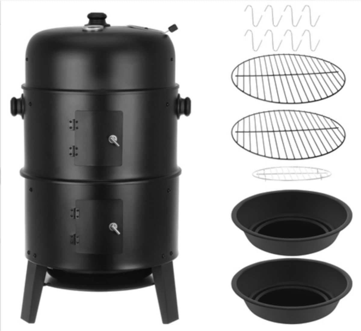 MOZY® - 3 in 1 Rook- en Grilloven met Hoes - met Thermometer - Inclusief Accessoires - Barbecue - Grillen - Verticale Rookoven - Houtskoolbarbecue - BBQ Vat - Barbecuen — afbeelding 1