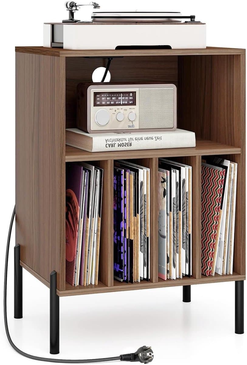 Platenspeler Stand met Laadstation - Platenspeler Meubel - Vinyl Opbergsysteem voor 150 LP's - Houten Platenkast met 5 Open Vakken - LP Record Holder - Tafel voor Draaitafel & Printer - Audio Bijzettafel Woonkamer & Kantoor - Walnoot — afbeelding 1