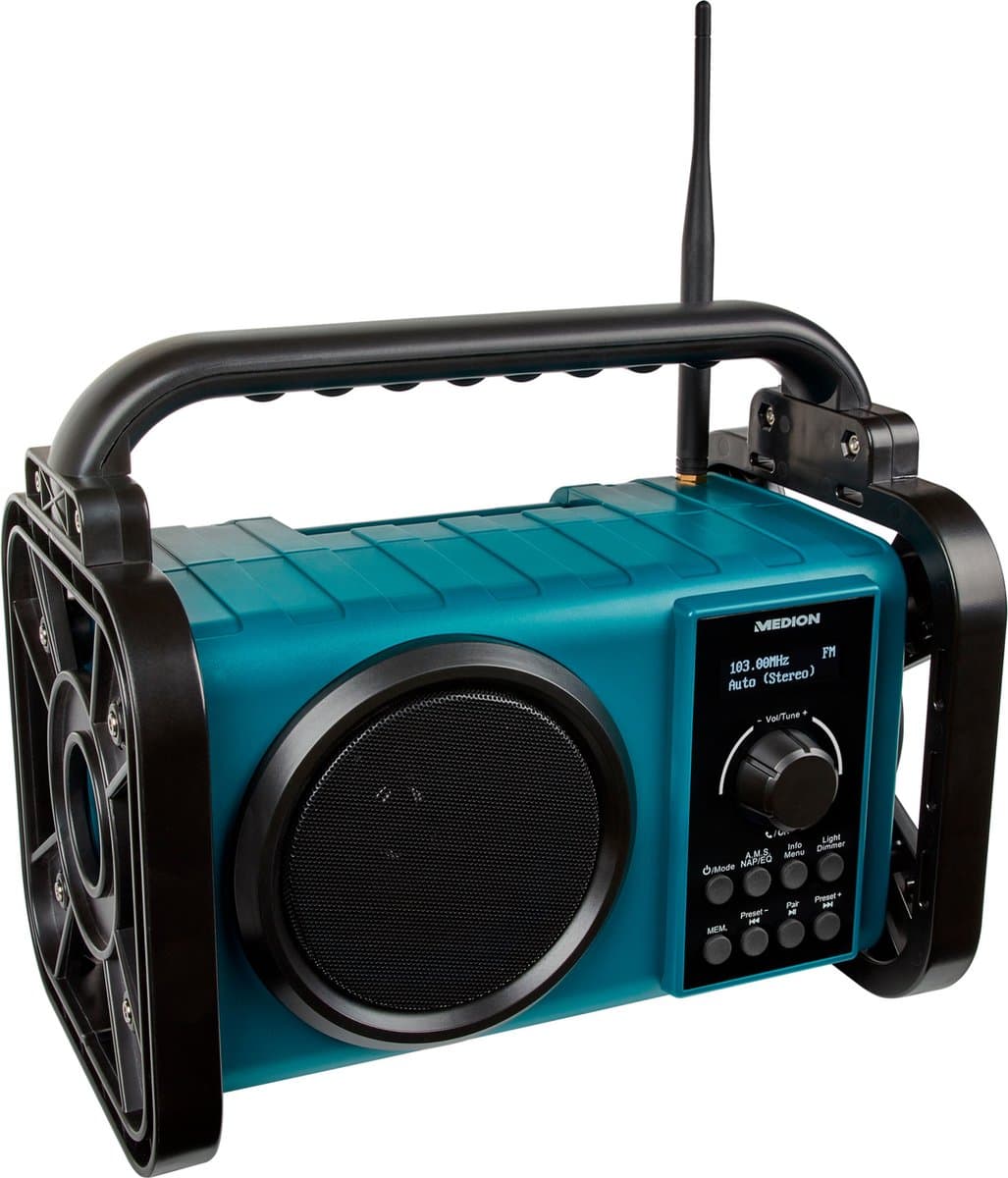 MEDION E66877 DAB+ bouwplaatsradio (robuuste behuizing, spatwaterdicht (IP44), Bluetooth 5.0, PLL FM-radio, LED-werklamp, batterij- en netvoeding) blauw — afbeelding 1