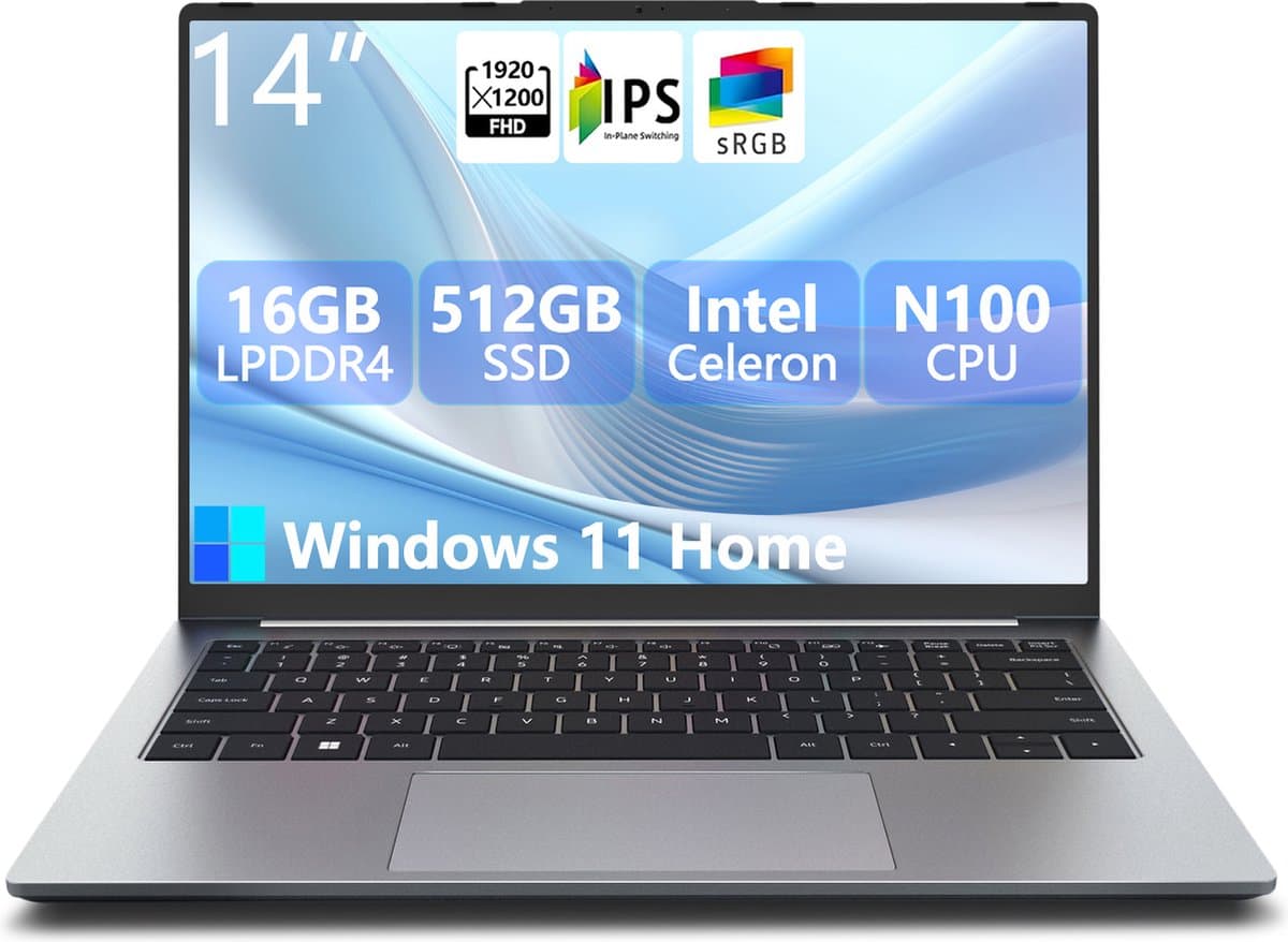 Hot Pepper Chili R14B Laptop - 16GB RAM - 512GB SSD - 3.4 GHz - Intel® N100 - Quad Core - Windows 11 Home - Ultrabook - 4K - 14 inch — afbeelding 1