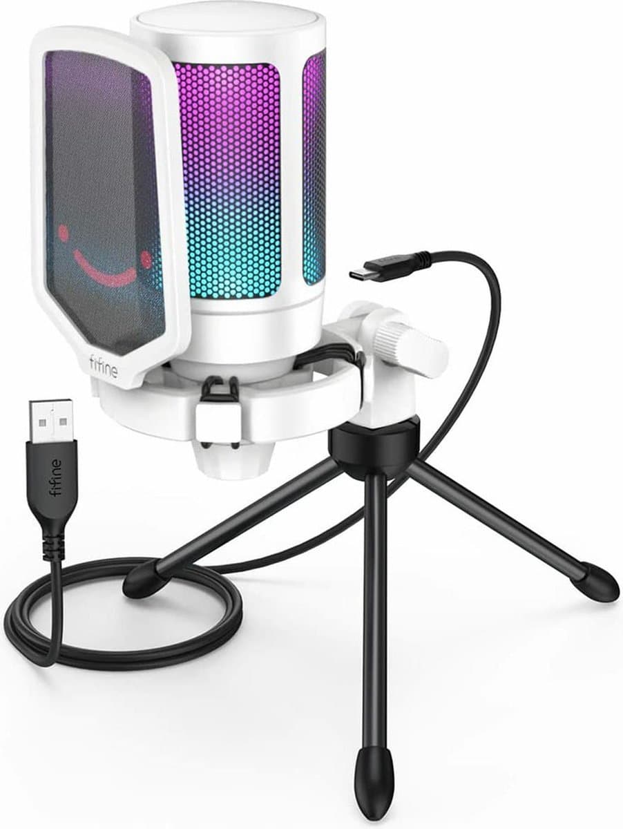 FIFINE - A6V - Wit - USB RGB Streaming Microfoon met Standaard - Gaming - Podcast - Geschikt voor - PS5 / PS4 / PC / Windows - Touch Mute Knop - Filter — afbeelding 1