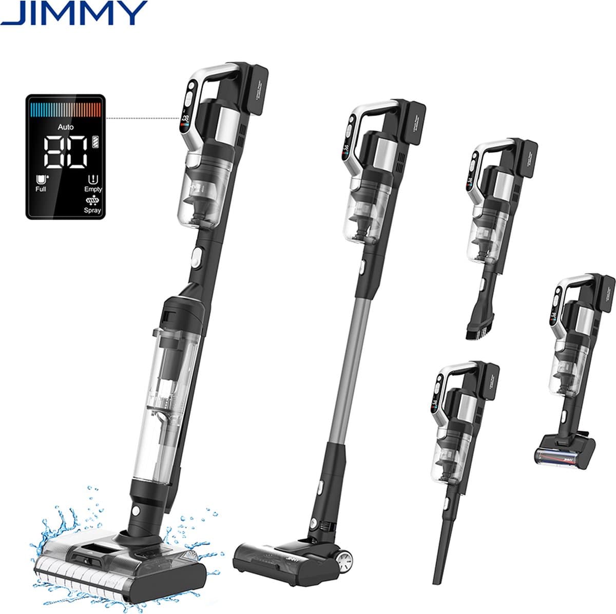 JIMMY PW11 Pro Max 5-in-1 Snoerloze Stofzuiger & Wasmachine, 460W Sterk Vermogen, Dubbele Reiniging, Hete Lucht Sneldroog,LED Scherm, 180° Plat Opleggen Ontwerp, Dubbele Rolborstels, Voor Harde Vloeren, Zilver-Zwarte Kleur — afbeelding 1