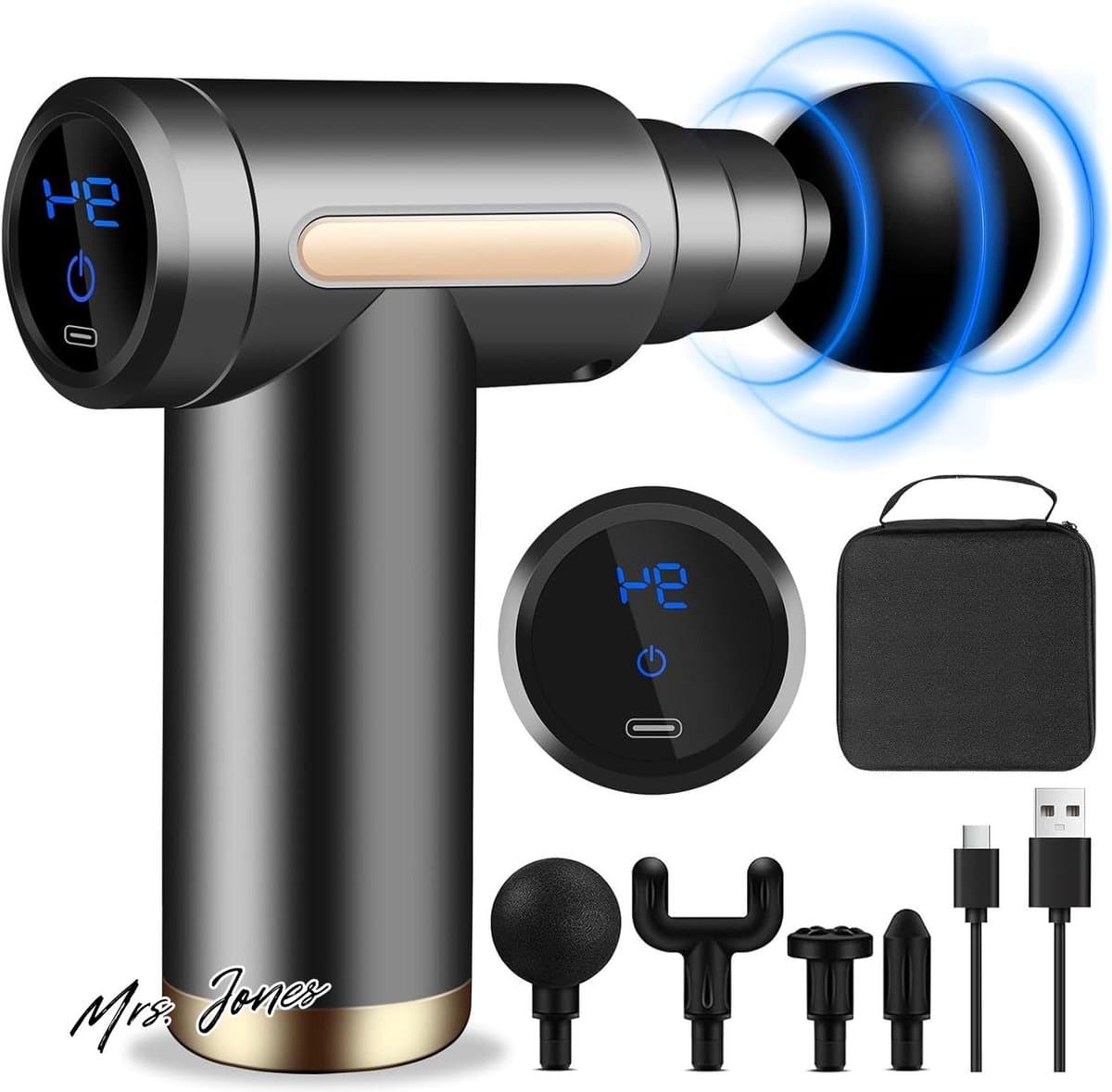 Mrs. Jones Mini-spiermassagegeweer ultrastil 6 snelheden 4 massagekoppen LCD-scherm draagbaar elektrische stimulators spierpijn verlichten . — afbeelding 1