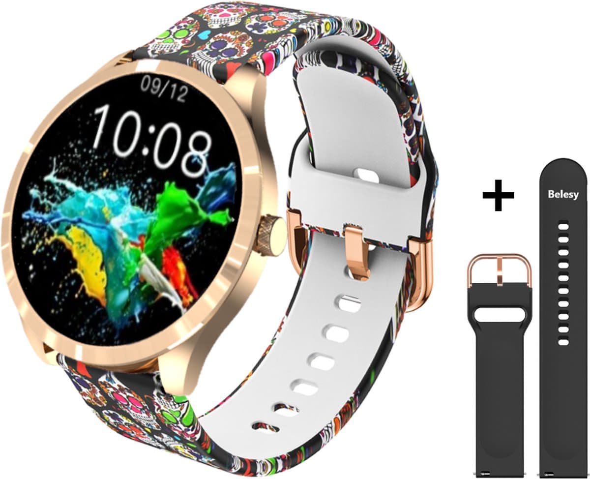 Belesy® BQSiRgSk Pro Skull - Smartwatch Dames – Smartwatch Heren - Horloge - 1.28 inch - Kleurenscherm - Stappenteller - Bloeddruk - Hartslag - 75+ Wijzerplaten – Sporten – Rose goud – Staal - Siliconen – Skull - Zwart - Kerstcadeau — afbeelding 1