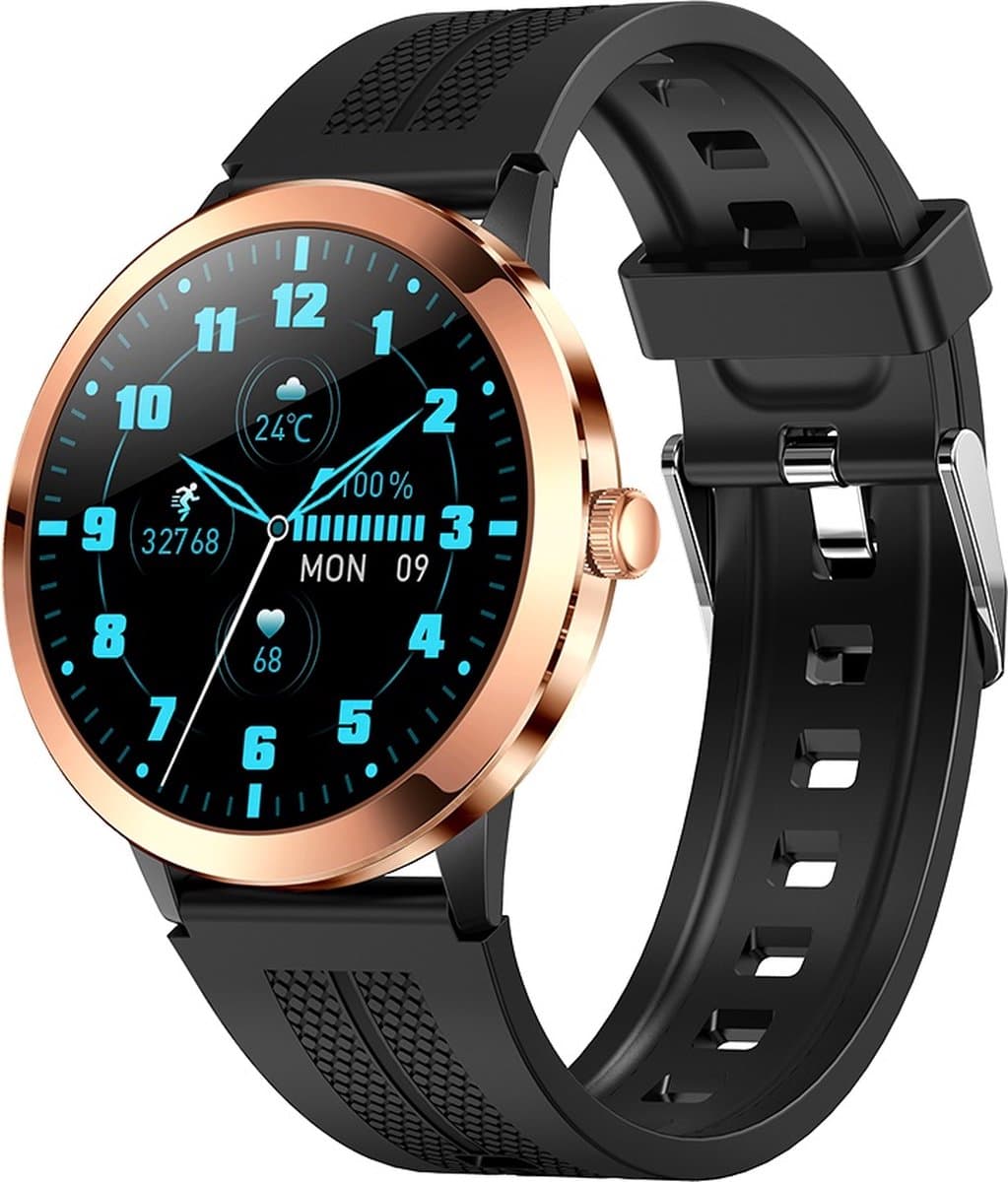 Belesy® TREASURE - Smartwatch Dames - Smartwatch Heren - Horloge - 1.32 inch – kleurenscherm – Stappenteller - Gezondheidsindicatoren – Je eigen foto als wijzerplaat - Goud – Siliconen – Zwart - Moederdag — afbeelding 1
