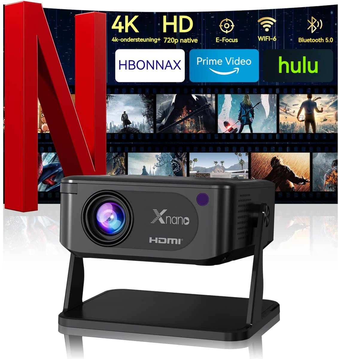 Mini beamer - XNAN smart projector - Android 11 - WiFi 6 - Bluetooth - 4K ondersteuning - 720p native - automatische keystone - draagbare home cinema beamer - handmatige focus - 40 tot 120 inch - 1 tot 4 m projectieafstand - compact formaat — afbeelding 1