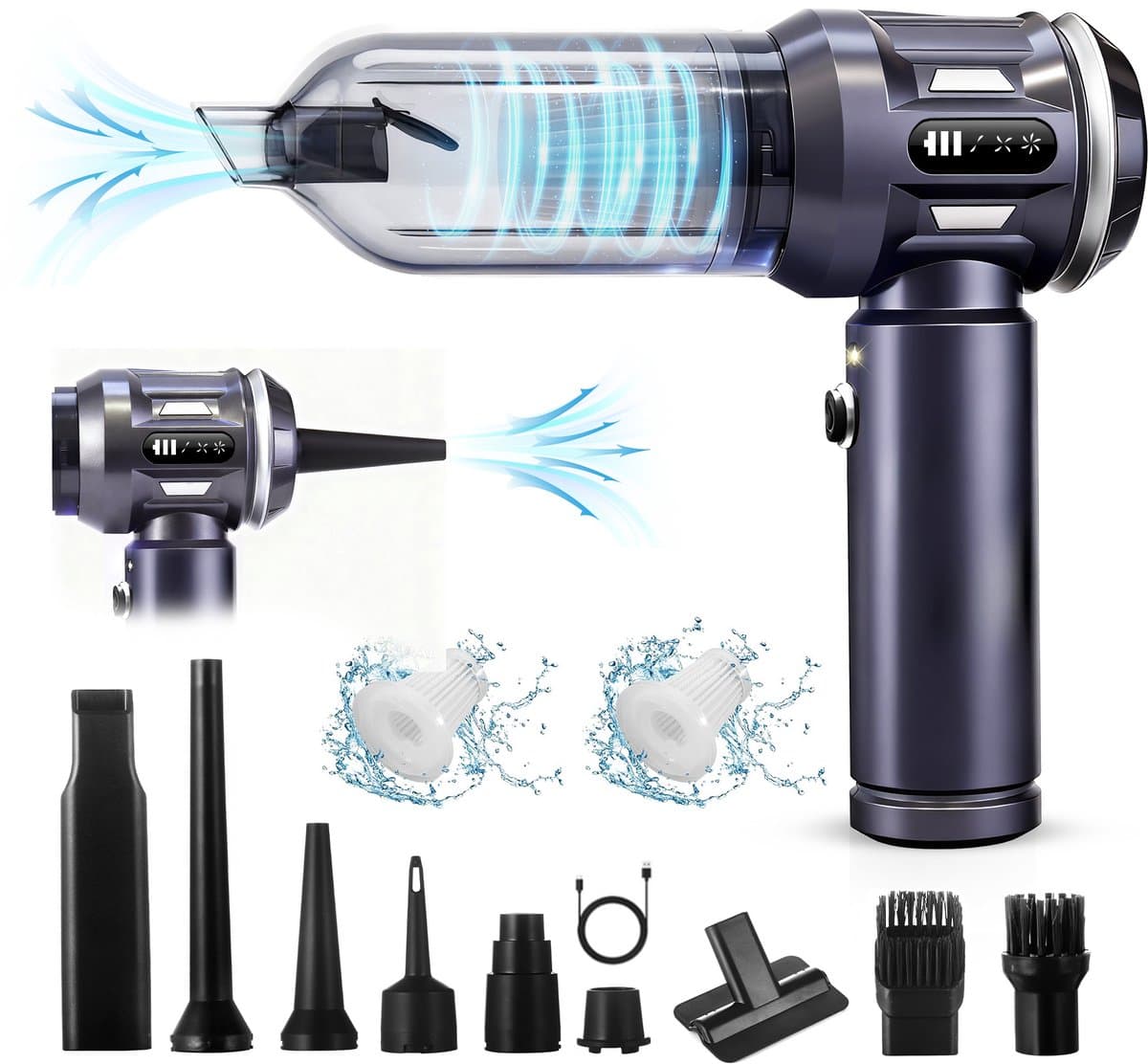 Glitzerlife - Handstofzuiger, Accu, Mini-Stofzuiger, Draadloos, 25000 Pa, Handstofzuiger, Sterk, 4-In-1 Autostofzuiger Met Borstelloze Motor, 3 Standen, DraagGlitzerlife -bare Stofzuiger Voor Auto - Grijs-Wit — afbeelding 1