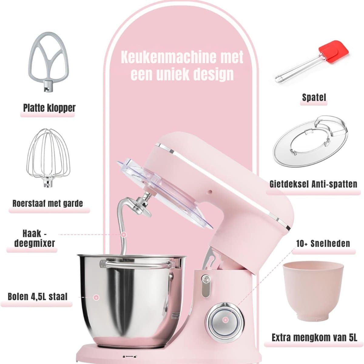 DYNA® Mixer met mengkom - Mixer - Mixer met mengkom keukenmachine - Roze - 22cm x 35cmx 33 cm; 4.25 kg — afbeelding 1