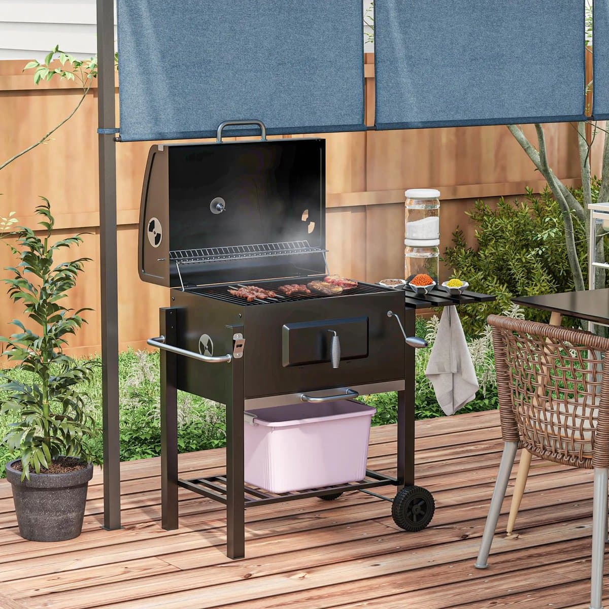 Pugsdrly Houtskoolgrill Smoker BBQ-Smoker, 1 opbergvak, 1 handdoekhouder, 2 grillroosters, 113 cm x 65 cm x 108 cm, zwart — afbeelding 1
