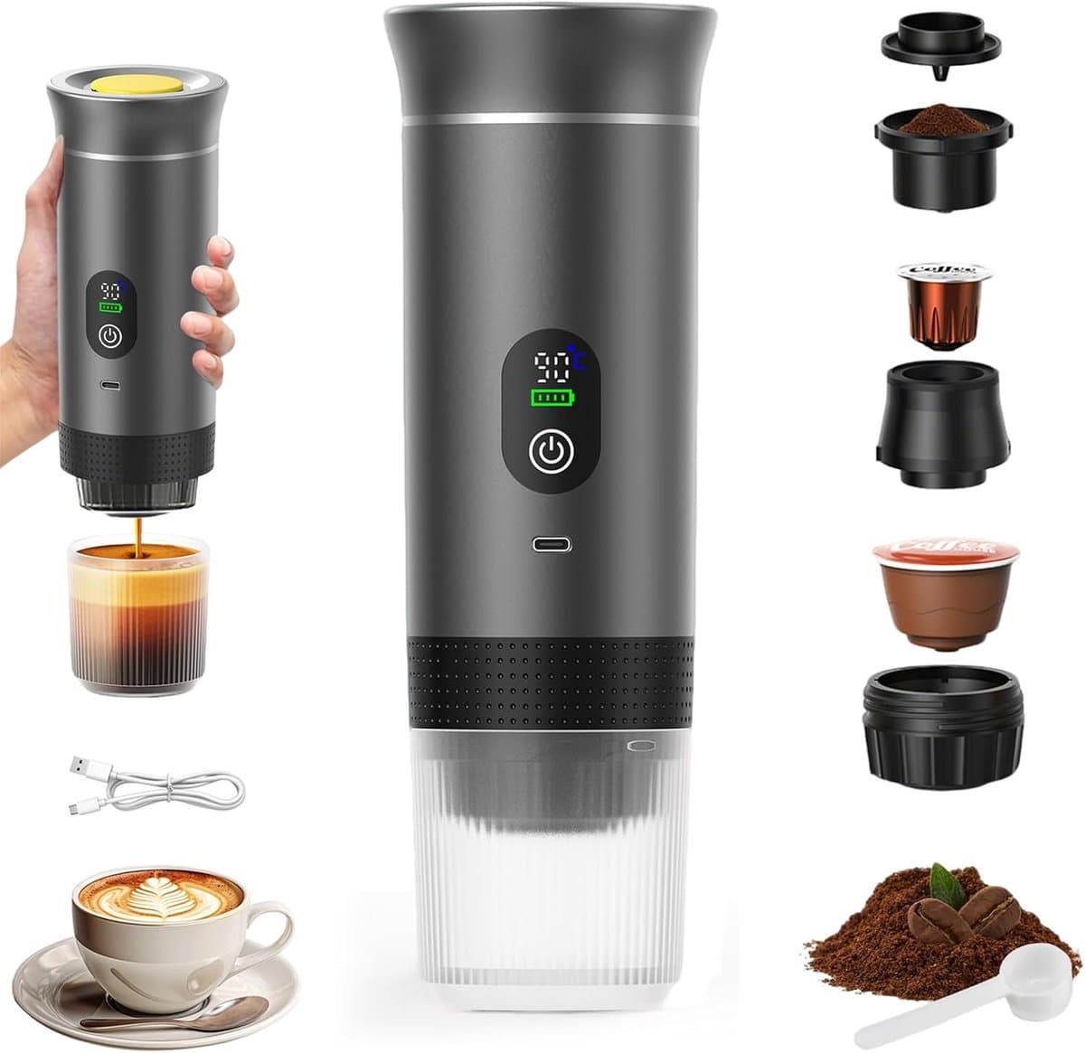 Draagbaar koffiezetapparaat 3-in-1 - Oplaadbaar, draagbaar reiskoffiezetapparaat - 20-25 uur - 12V espressomachine voor capsule-Capaciteitsupgrade -CNC - Verhoogde capaciteit-gemalen koffie - voor kamperen, reizen, kantoor, auto en thuis (Grijs) — afbeelding 1