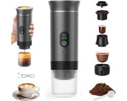 Draagbaar koffiezetapparaat 3-in-1 - Oplaadbaar, draagbaar reiskoffiezetapparaat - 20-25 uur - 12V espressomachine voor capsule-Capaciteitsupgrade -CNC - Verhoogde capaciteit-gemalen koffie - voor kamperen, reizen, kantoor, auto en thuis (Grijs)