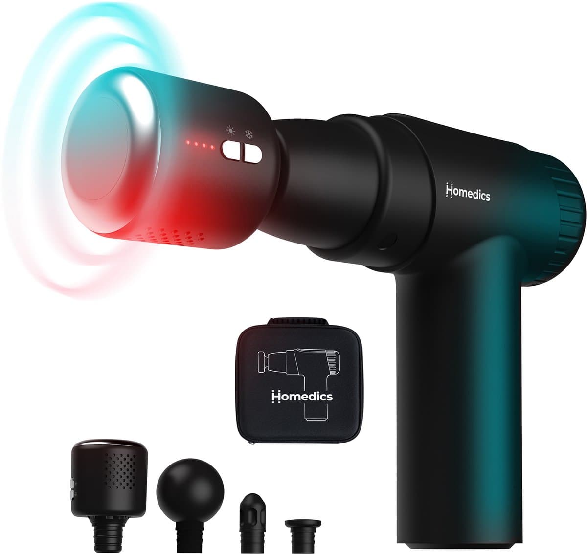 HoMedics Novo Hot and Cold Massagegun - 4 Opzetstukken - 6 Intensiteitniveaus - USB C Oplaadbaar - Inclusief Opbergcase - Voor en Na een Training - Fitness - Sporters - PGM45HC - Zwart — afbeelding 1