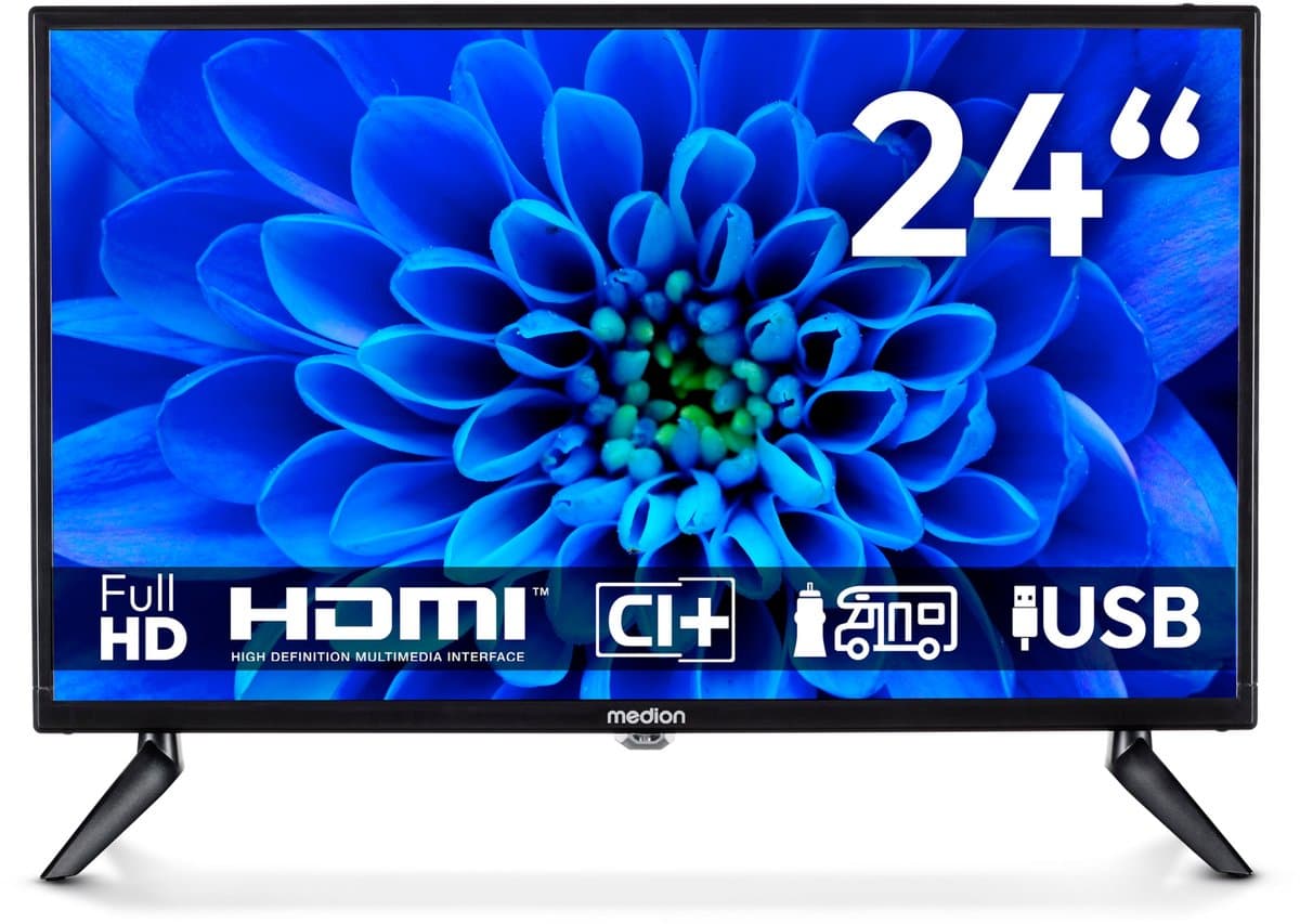 MEDION 59.9 cm 24" Full HD TV perfect voor camping camper vrachtwagen tuin 12V auto adapter Triple Tuner HDMI USB, MD824000 — afbeelding 1