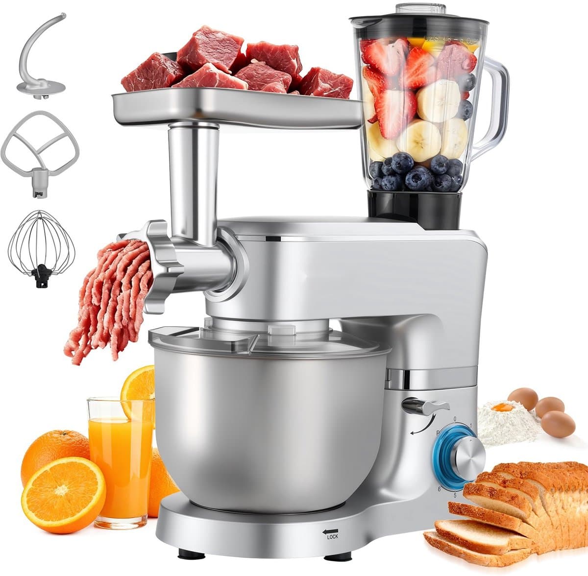 Keukenmachine - Standmixer en Deegmixer - 1500 W - RVS Kom 6 L + Mengkom 1,5 L - 6 Snelheden + Pulse - Deeghaak, Garde en Klopper — afbeelding 1
