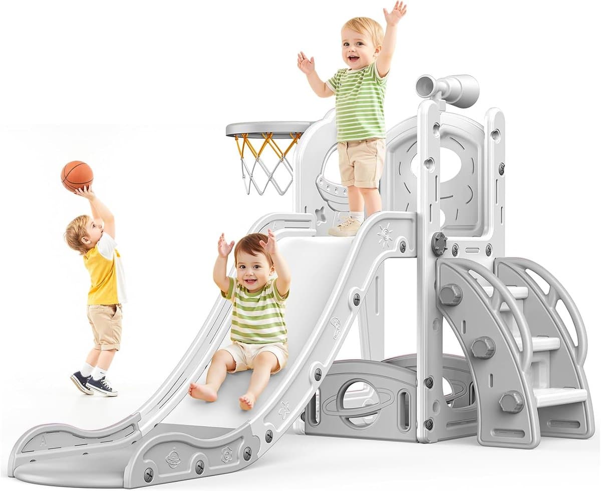 Kinderglijbaan, grote peuterglijbaan met basketbalhoepel, glijbanen voor peuters van 1-3 jaar, peuterglijbanen, speelset met opbergruimte, speelgoed voor binnen en buiten voor peuters van 1-3 — afbeelding 1