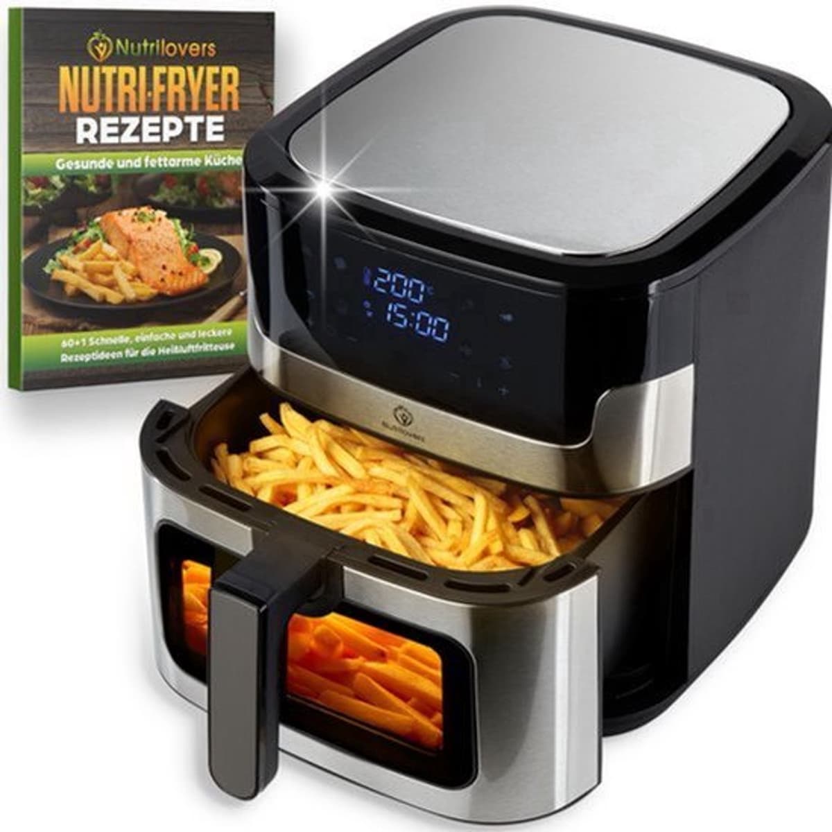 Heteluchtfriteuse RVS XXL 8L, 2000W, Airfryer roestvrij staal met LED Touch Display, Double Heating technologie, kijkvenster, vetarme frietfriteuse zonder olie incl. recepten — afbeelding 1