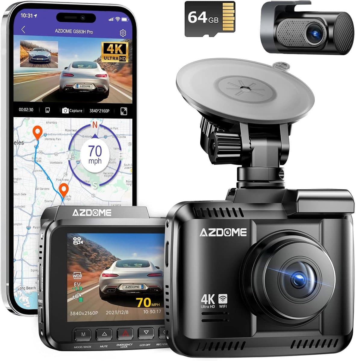 Dashcam voor auto - Zwart - 4K Voor- en Achtercamera - Met GPS, WiFi 6 en Nachtzicht - Met Parkeerbewaking — afbeelding 1