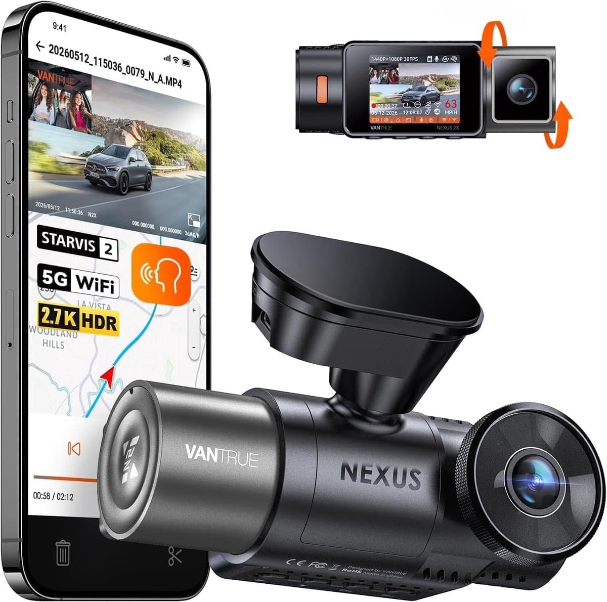 Dual Dashcam - 2,7K/1080P - Ingebouwd Nachtzicht - GPS en WiFi - Voor Auto's — afbeelding 1