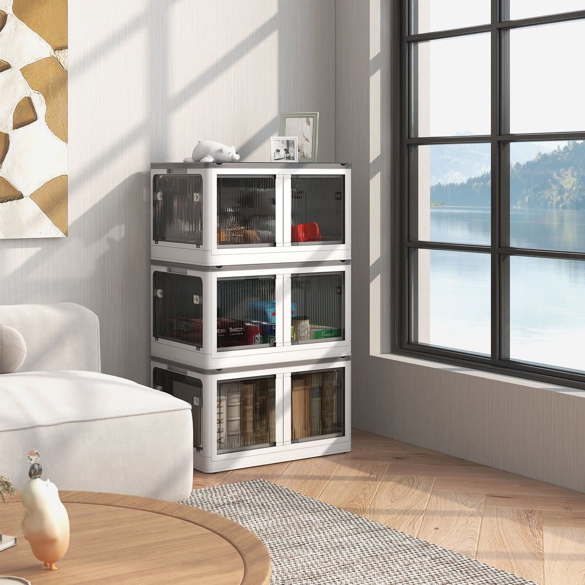 FloraGrace Opbergbox – 69L Vouwbaar En Stapelbaar – 60 x 42 x 34 cm – PP Kunststof – Wit – Met Wielen Voor Slaapkamer En Kantoor – 5-Zijdige Toegang — afbeelding 1