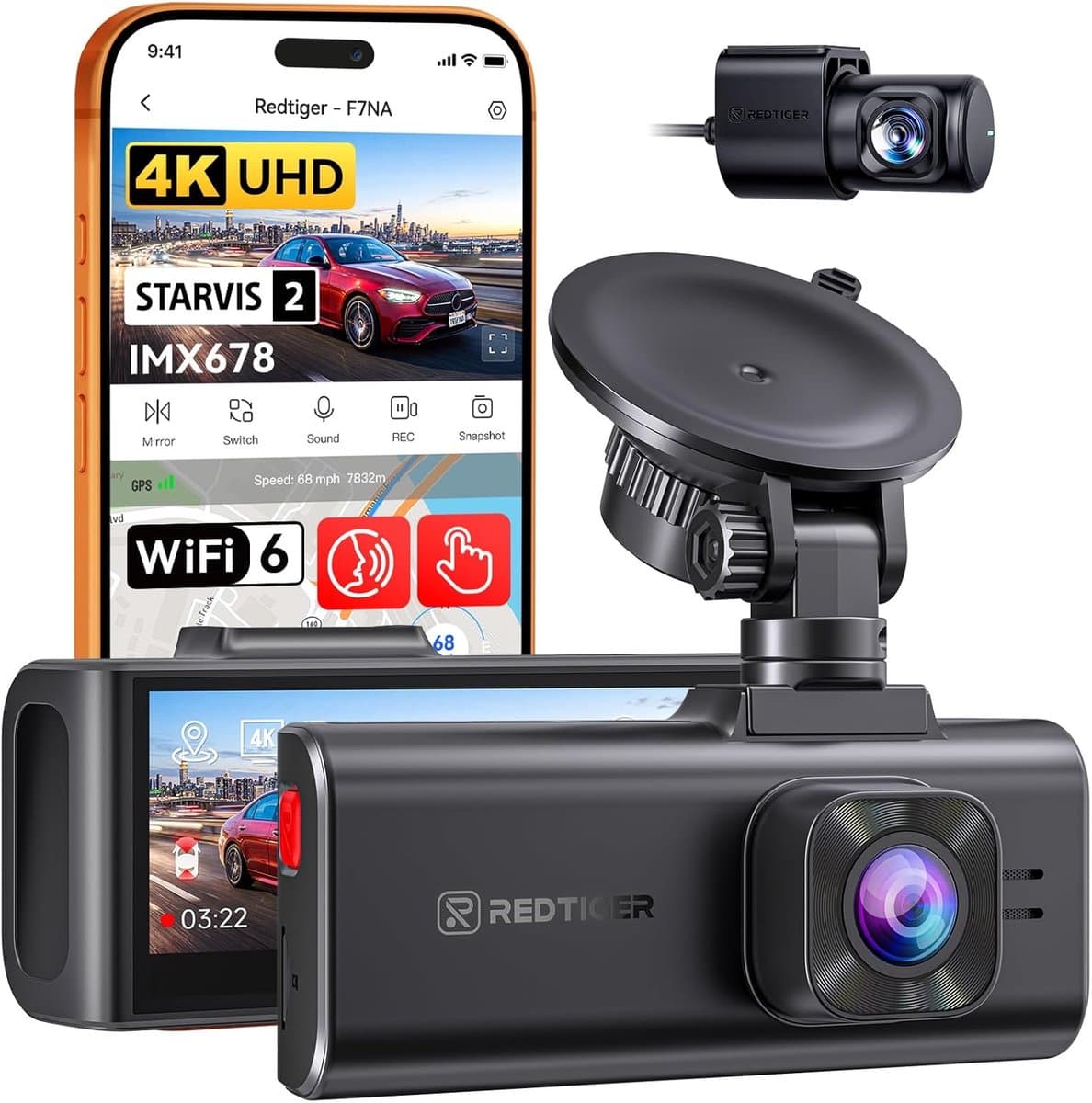 SnelShoppen - 4K Dual Dash Cam, STARVIS 2 IMX678, 8 MP, 5 GHz WiFi, GPS, Stembediening, WDR, HDR Nachtzicht, 24U Parkeerstand, Geen SD-kaart — afbeelding 1