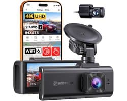 SnelShoppen - 4K Dual Dash Cam, STARVIS 2 IMX678, 8 MP, 5 GHz WiFi, GPS, Stembediening, WDR, HDR Nachtzicht, 24U Parkeerstand, Geen SD-kaart