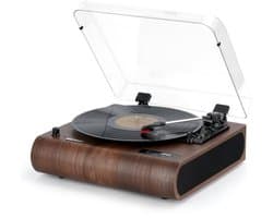 Platenspeler 3-snelheden Bluetooth draaitafel met ingebouwde luidsprekers, FM-radio, vinyl naar MP3-codering, USB/SD, LED-scherm, houten retro LP-speler, bruin